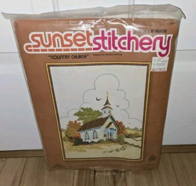 NEW Vtg. Sealed 1980 Sunset Stitchery Crewel Embroidery Kit Country Church - Image 1 of 4