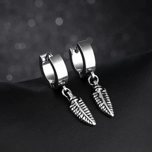 Men Women Punk Silver Feather Drop Dangle Hoop Earrings Surgical Steel Jewelry - Picture 1 of 2