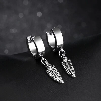 Hombres Mujeres Punk Plata Pluma Colgante Aro Pendientes Acero Quirúrgico Joyería Foto 1 de 2
