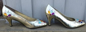 Vtg 80s Flings Gold High Heel Pump Unique Beads Jeweled Golden Girl Pointed Toe  - Picture 1 of 8