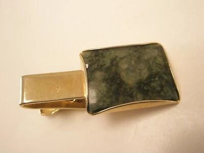 1-3/8" Genuino Piedra de Jade Verde Tono Dorado De Colección PEQUEÑO Clip de Barra de Corbata Foto 1 de 3