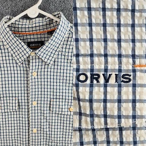 Orvis Seersucker Fishing Shirt Double Pockets Blue Check Polyester Nylon Soft XL - Picture 1 of 22
