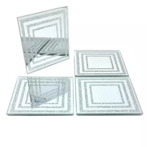 Set of 4 Glass Sparkly Silver Square Glitter Design Mirrored Tea Coffee Coasters - Picture 1 of 6