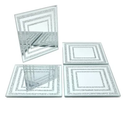 THE LEONARDO COLLECTION Set of 4 Glass Sparkly Silver Square Glitter Design Mirrored Tea Coffee Coasters