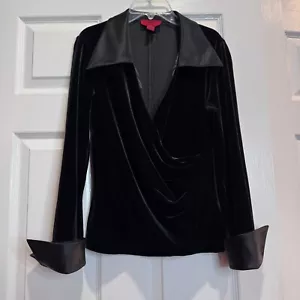 JS Collection Women's 8 Blouse Black Velvet V-Neck Ruched Satin Trim Back Zip - Picture 1 of 14