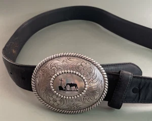 Cowboy and Horse Cross Praying Nocona Western Religious Oval Belt Buckle & Belt - Picture 1 of 7