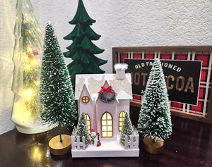 3pc Christmas Lighted Snowy White Village Putz House & Trees Snowman LED 7.5" - Picture 1 of 12