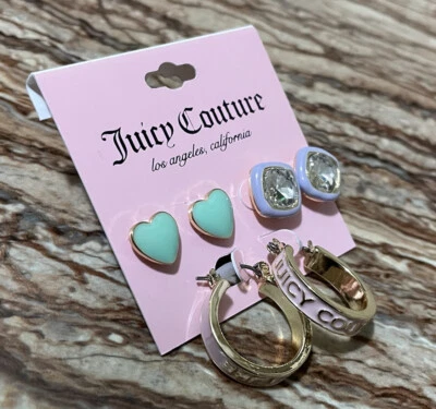 Juicy Couture Jewelry Gold Trio Stud Earrings Set Enamel Heart Logo Hoops - Image 1 of 4