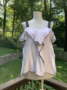 Blusa sin mangas con volantes blanca negra S pequeña de lino INA para mujer - Imagen 1 de 8