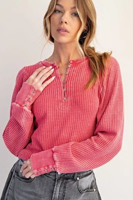 Easel Women's Thermal Waffle Knit Long Sleeve Henley Top in Boho Red - Image 1 of 4