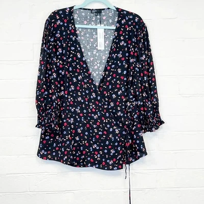 Nobody’s Child Wrap Top Blouse Black Pink Floral V-neck UK Size 22 - Image 1 of 4