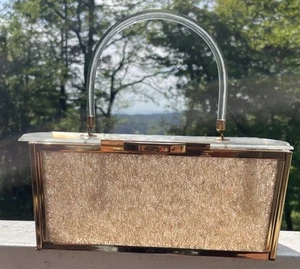 1950’s *Majestic* Lucite Box Purse Iridescent Confetti Flakes Brass Fittings #EC - Picture 1 of 24