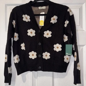 New With Tags- The Commons Girls Daisy Print Cardigan Black Kids Large 12-14 - Picture 1 of 10