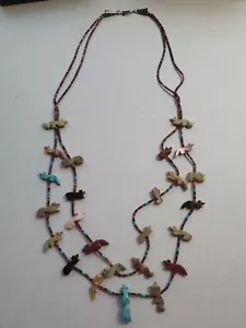 Vintage Native Navajo Zuni Fetisch 2Strang Kette Tiere geschnitzt Halbedelsteine - Bild 1 von 7