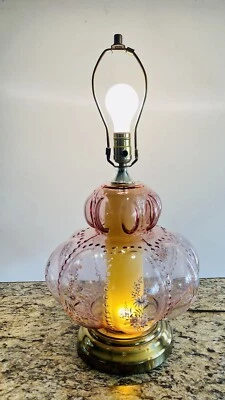 复古 Hollywood Regency MCM 泡泡花卉贴花台灯粉色  — 第 1/4 张图片