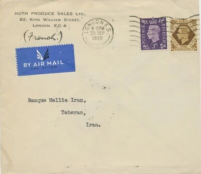 GB 1939 VF air mail cover (flown with Air France) with GVI 3d and 1sh to Teheran - Image 1 of 4