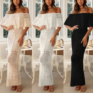 Women Crochet Off Shoulder Knitted Cover Up Dress Ladies Maxi Long Dress Casual& - Picture 1 of 16