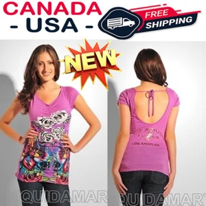 S SMALL CHRISTIAN AUDIGIER EXOTIC FLOWER WOMEN PLUM BLOUSE TOP SHIRT TSHIRT - Bild 1 von 5