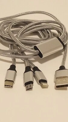 6"FT BRAIDED 3 IN 1 USB CABLE COMPATIBLE WITH IPHONE-ANDROID & TYPE-C DEVICES - Image 1 of 4