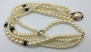 VTG Carolee Multistrand Faux Pearl Necklace w/ Black Beads Decorative Clasp