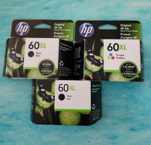 HP LOT INK CARTRIDGES 60XL 2  BLACK  & 1 TRI-COLOR SEALED EXP. 11/22 12/22 4/24 - Afbeelding 1 van 2