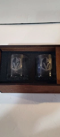 Vegas Golden Knights Cocktail Glass Etched Wood Box Gift Set Cover