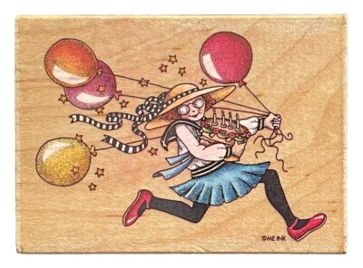 You Take the Cake Party Niña Mujer Globos Mary Engelbreit Madera Goma Sello Foto 1 de 3