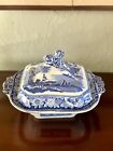 Antique Blue & White Lidded Tureen Landscape Scene With Lion Handle AS IS