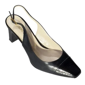 Bruno Magli Black Croc-Embossed Leather Slingback Heels Cap Toe Size 37 - Picture 1 of 11