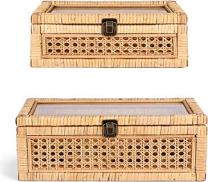 Caja de almacenamiento decorativa de ratán con tapa juego de 2 expositores rectangulares de mimbre tejido - Imagen 1 de 12