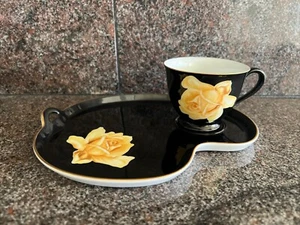 Vintage Noritake Nippon Toki Kaisha Black Yellow Rose Tennis Set Tea Cup Plate - Picture 1 of 7