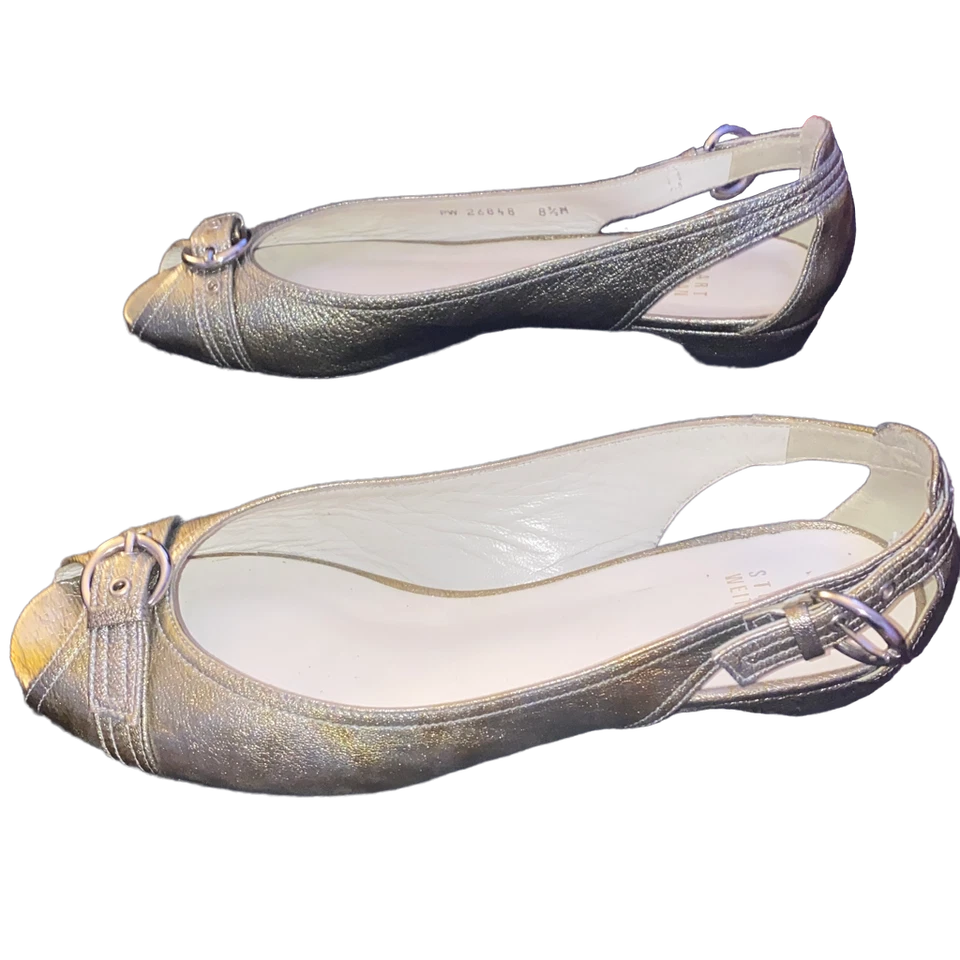 Stuart Weitzman Peek a Boo Open Toe Metallic Patent Leather Flats Size 8.5 - Image 1 of 4