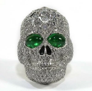 Platinum Diamond Skull Ring GIA Certified Tsavorite w/ 18k Yellow Gold - INSANE - Picture 1 of 12