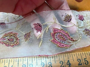 embroidered 1960 trim raspberry 2.25" leaves flowers paisley 1yd - Picture 1 of 4