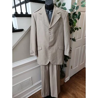 Valentino Ferrel Italy Suit Jacket Vest Pants Set Mens 44R Beige Classic Striped - Image 1 of 4