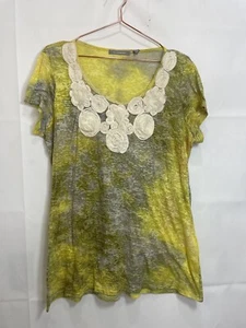 NY Collection Women's XL Yellow &Gray Burn Out Embroidery Rolled Roses T-Shirt - Picture 1 of 24