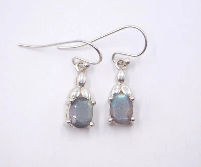 3.70 Gm 925 Sterling Silver Natural Labradorite Cut Gemstone Fine Earring 1.15" - Image 1 of 3