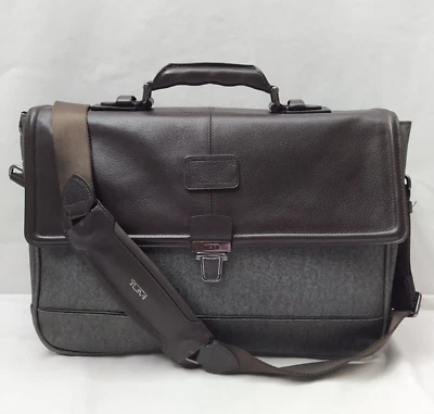 Maletín de Negocios para Laptop Tumi de Cuero Marrón Gris Lona Pushlock Foto 1 de 4