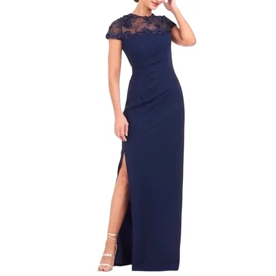 JS Collections Womens Dress Size 4 Navy Blue Rosette Embroidered Mesh Yoke Gown - Image 1 of 4
