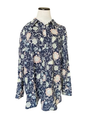 Camisa Chaps Para Mujer Sin Hierro Con Botones Talla 3X Azul Floral Cottagecore Clásica Foto 1 de 4