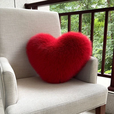 Red imitation fox fur heart-shaped pillow, plush sofa cushion, home decoration - Image 1 of 4