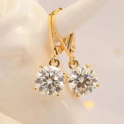 Moissanite 2 Ctw Round Cut D/VVS1 Drop & Dangle Earrings 14K Yellow Gold Plated - Image 1 of 4
