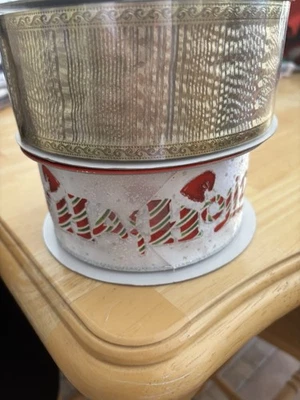2 Rolls - 2.5” Wired Edge Ribbon Christmas “Happy Holiday” Gold Wedding 50 55 Yd - Image 1 of 4