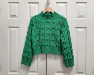 Women's CIDER Chunky Knit Kelly Green Tractor Textured Pullover Crop Sweater XS - Picture 1 of 5