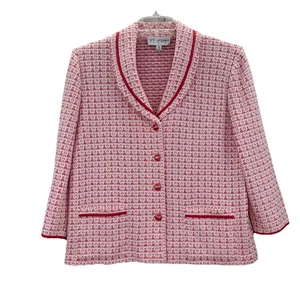 Vintage St John jacket Knit Coral Pink White Check Suit Blazer Jacket Sz 12 USA - Picture 1 of 12
