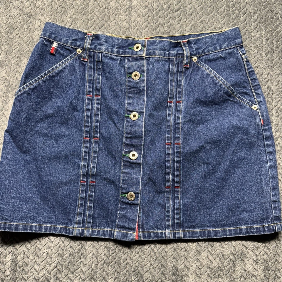 De Colección Tommy Hilfiger Falda Denim Para Mujer’s 11 Botones Frontales Y2K Logo Parche Mini Foto 1 de 4