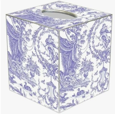 MARYE-KELLEY, LAVENDER FRENCH TOILE CUBED TISSUE BOX COVER, 5", SILVER TRIM, NEW - Image 1 of 2