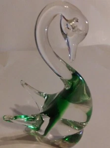 Murano Green and clear Blown glass 6"  swan paperweight figurine - Picture 1 of 11