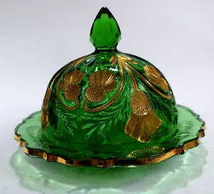 Cambridge EAPG Green Gilded Inverted Thistle Butter Dish - Picture 1 of 8