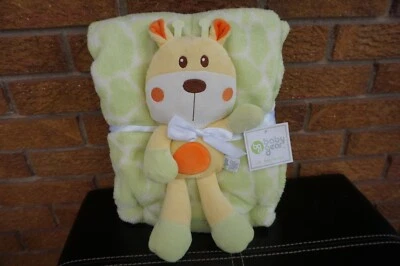 Juego de mantas BABY GEAR blanco verde estampado de jirafa amarillo peluche juguete de seguridad Foto 1 de 4
